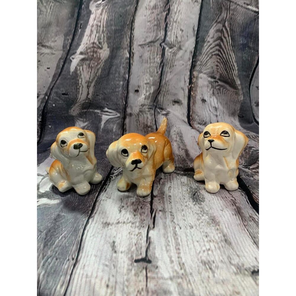 Vintage Set of 3 Ceramic Puppy Dogs Golden Brown Playful Big Eyes Sitting Stand